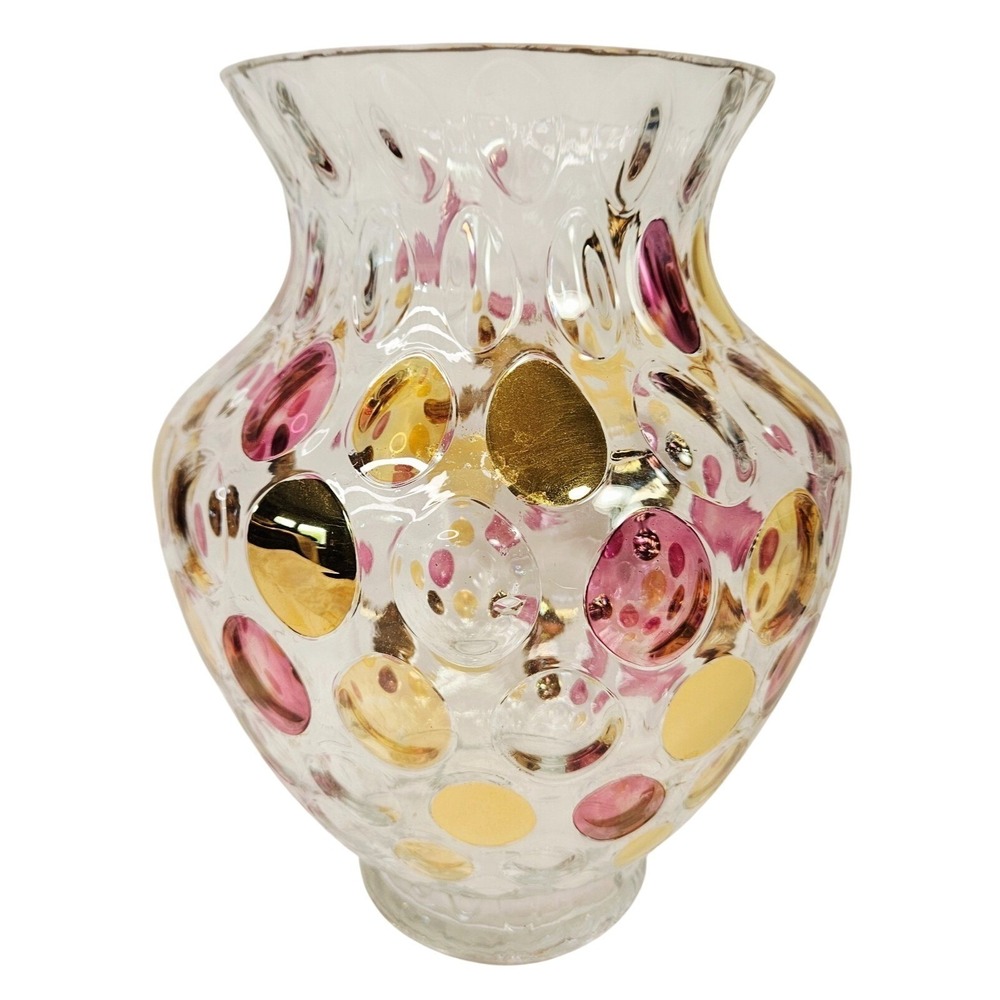 Unbranded Home Clear Pink Gold Metallic Polka Dot Glass Thumbprint Vase Medium